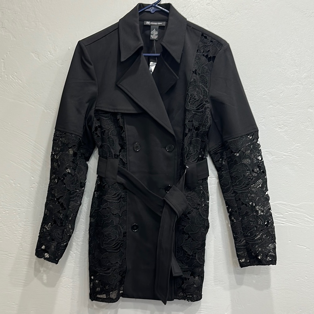 INC International Concepts Black Trench Coat with Structured Shoulders